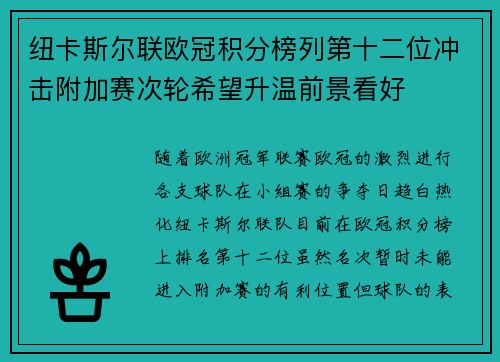 纽卡斯尔联欧冠积分榜列第十二位冲击附加赛次轮希望升温前景看好